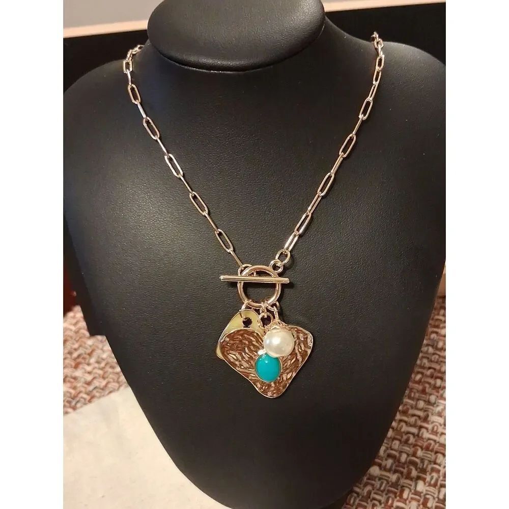 MAYAMAR Multi Gold Heart Charm Paperclip Necklace New With Pouch